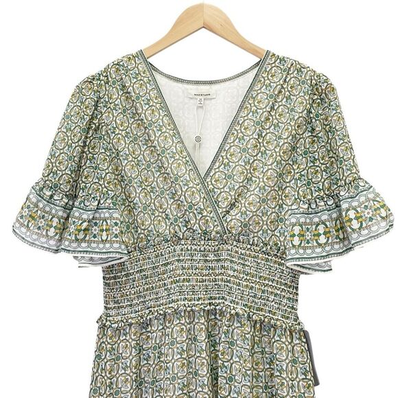 NWT Max Studio Tiered A-Line Flutter Sleeve Dress Cream Green Floral Size Medium - Picture 6 of 14